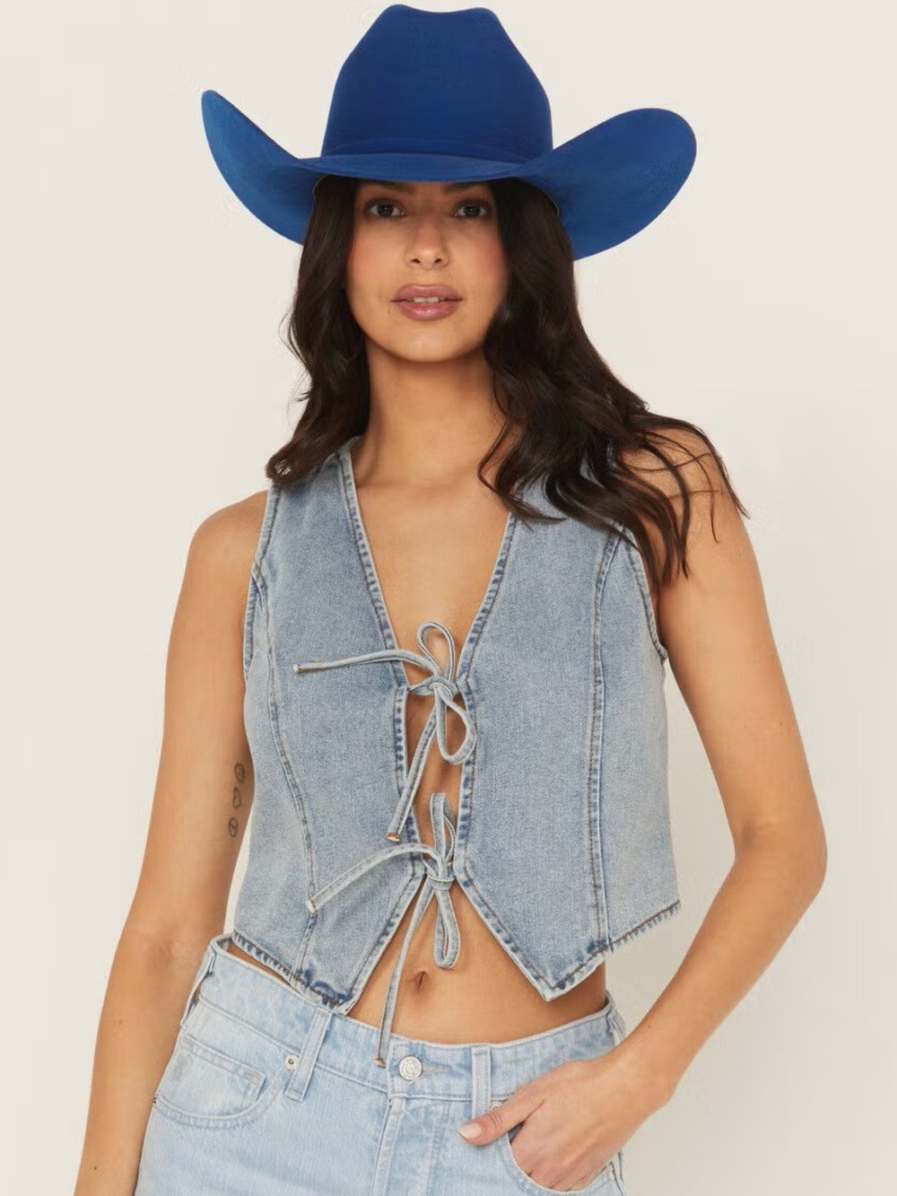 Ashley Vintage Charm Light Blue Denim Tie-Front Vest